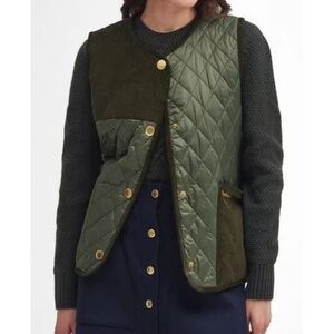 Unworn Barbour Healy Mixed Media Quilted Vest in Olive Green